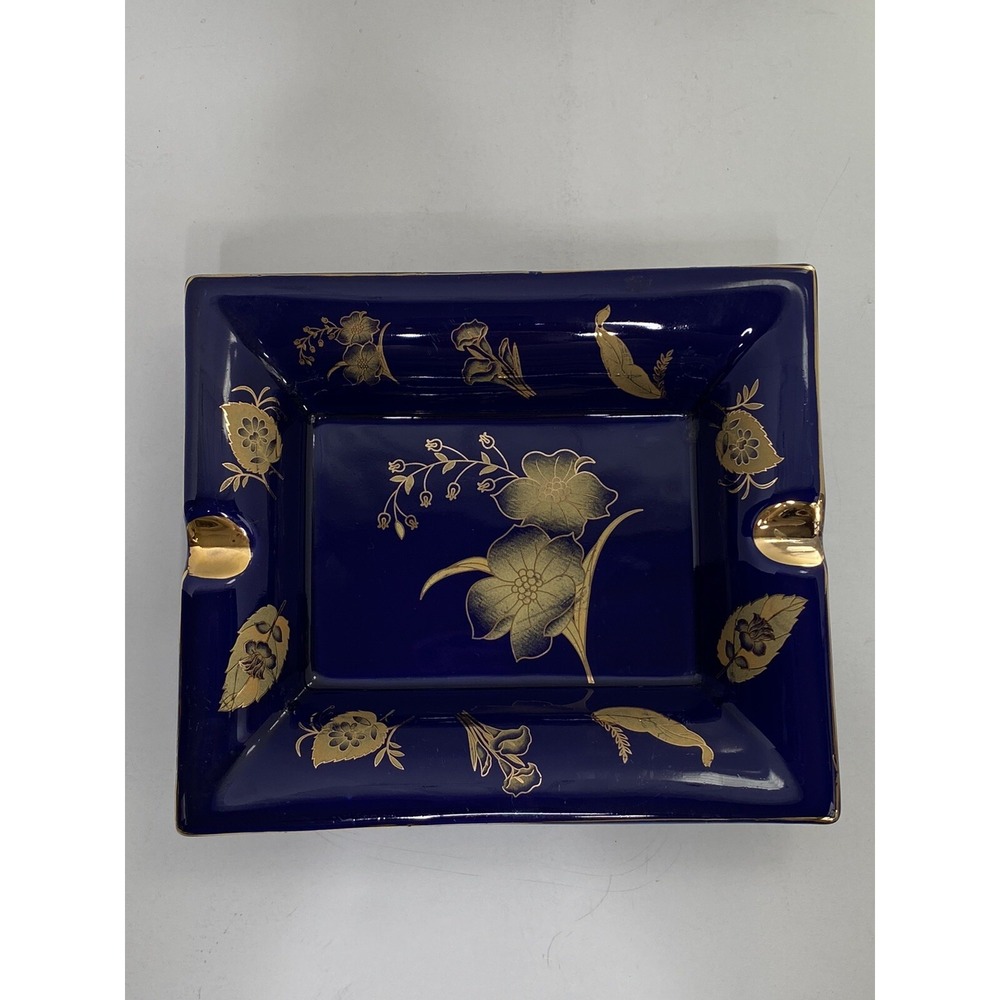 Cobalt Blue and Gold Floral Cigar Ashtray Rectangle Decorative 7.3/4 X 6.5